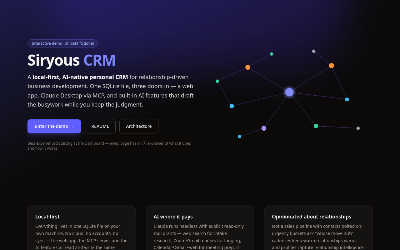 Preview of Siryous CRM, a local-first AI-native personal CRM