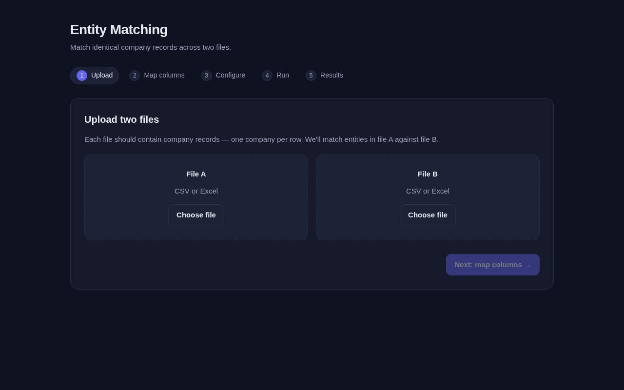 Preview of the Company Entity Matching app showing a file upload step