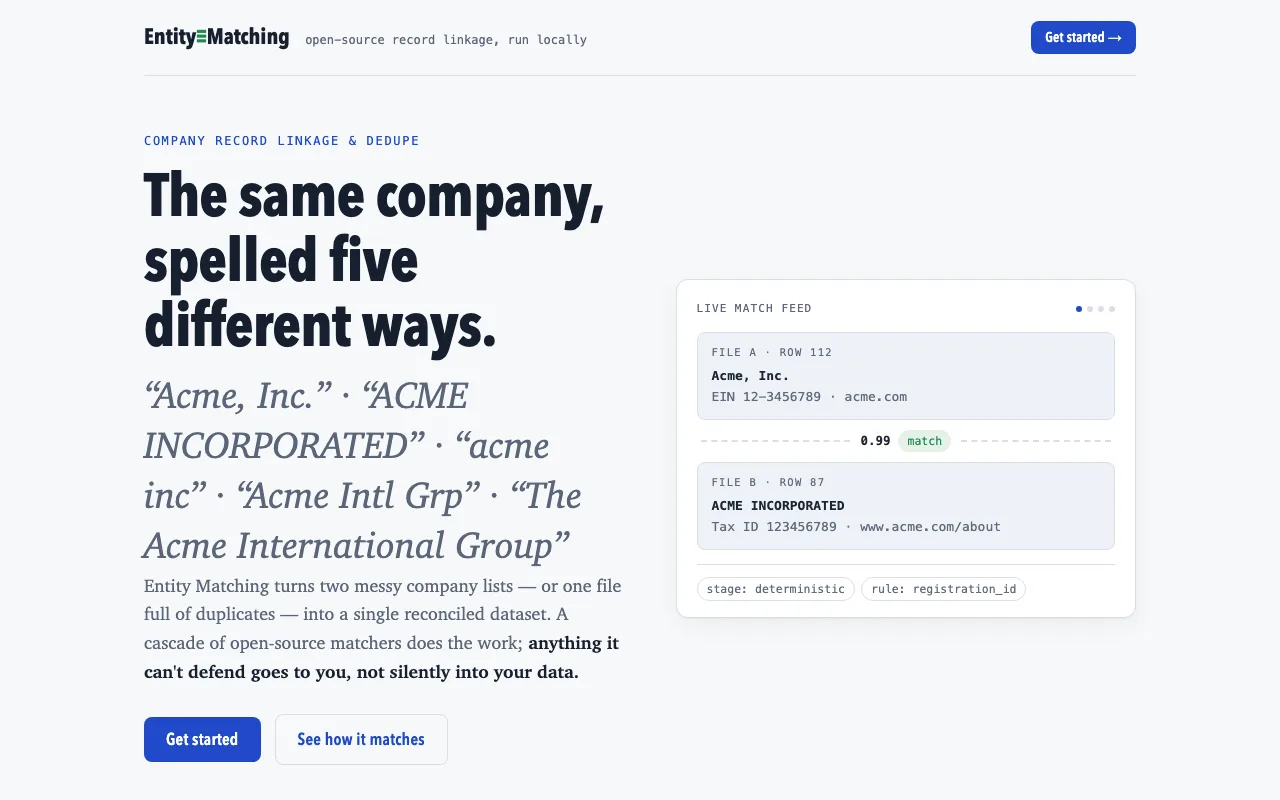 Preview of the Entity Matching home page showing a live match feed example