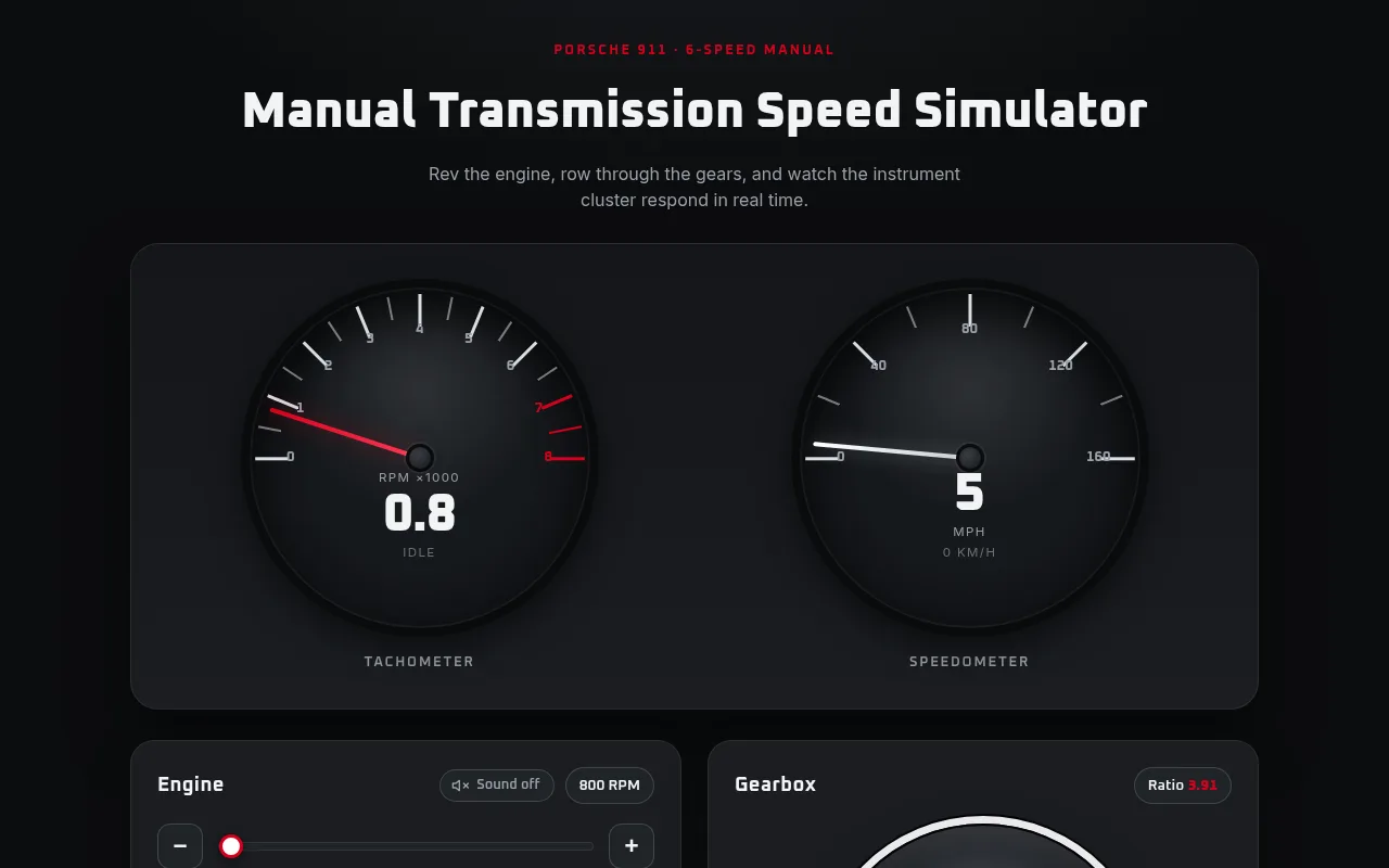 Preview of the Porsche 911 Transmission Simulator showing a tachometer and speedometer